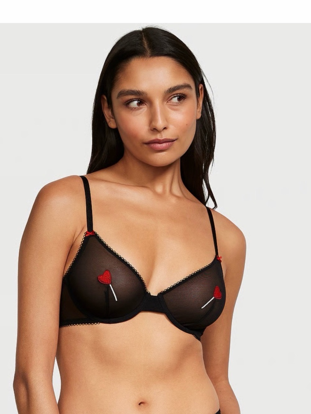 Small VS unlined Mesh Demi bra Black Embroidered Heart Lollipop - Picture 2 of 14